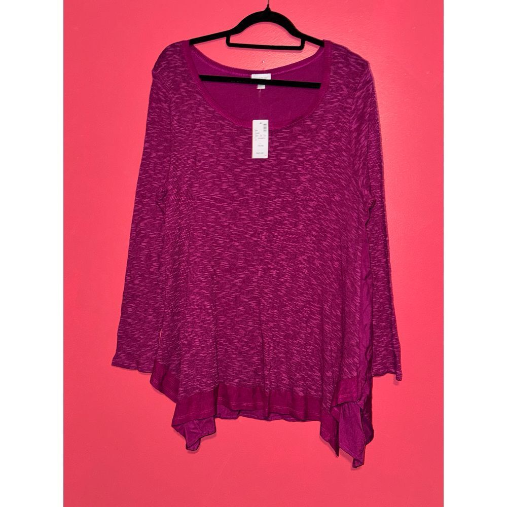 Magenta Purple Textured Long Sleeve Tunic Top with Contrast Neckline Size 14/16